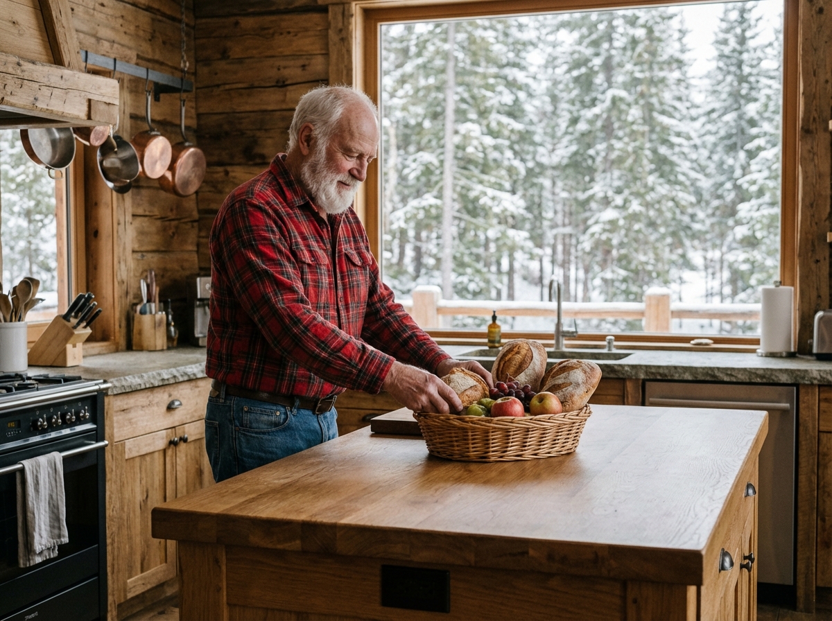 Homme âgé arrangeant pain et fruits dans la cuisine