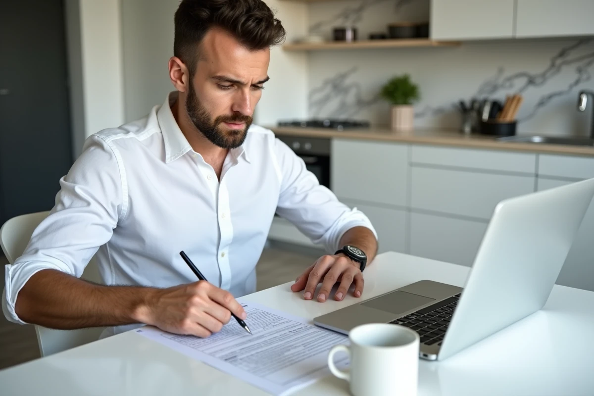 Homme consultant sa déclaration de revenus et un site d'aide fiscale sur ordinateur, identifiant la case 2BH sur le formulaire