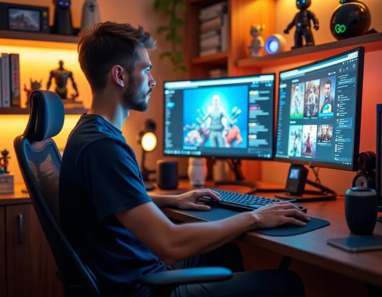 Jeune homme passionné de culture geek assis devant un écran d'ordinateur affichant des actualités tech, entouré de gadgets et de figurines de collection