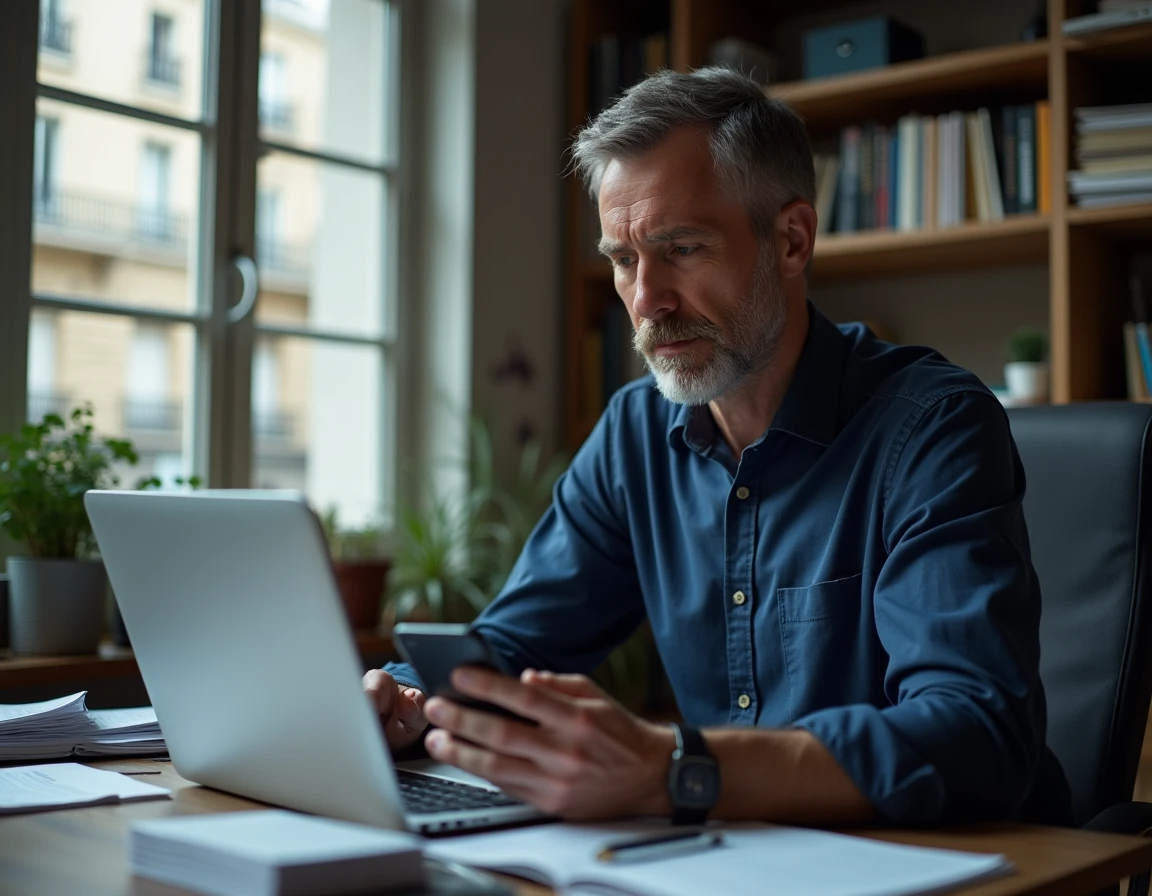 Homme utilisant un ordinateur portable pour effectuer une recherche sur un annuaire téléphonique inversé gratuit en France