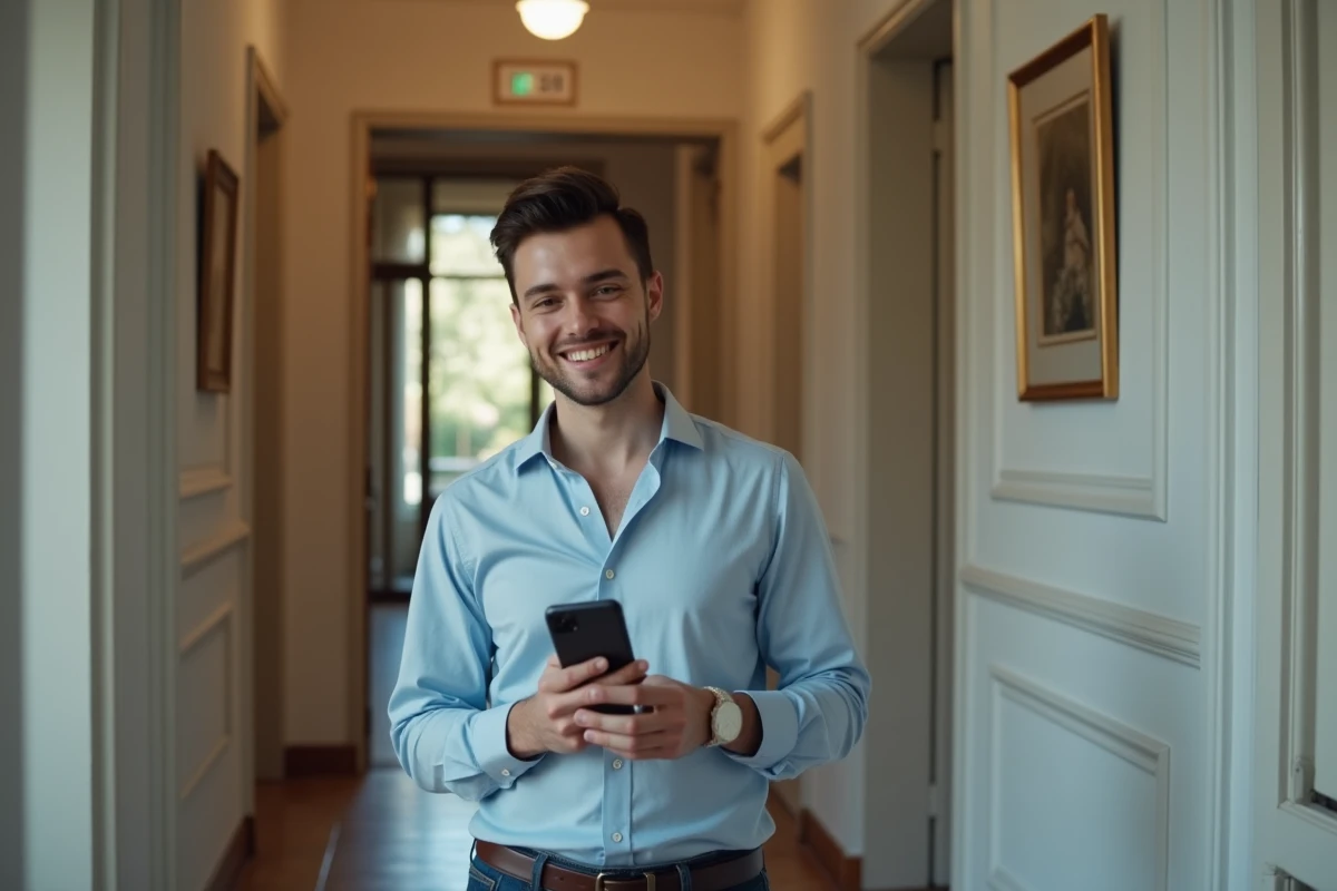 Jeune homme utilisant son smartphone pour un paiement dans un hall d