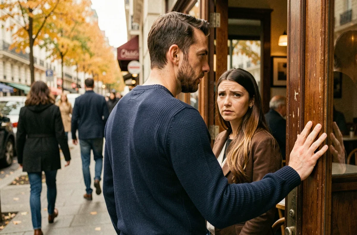 Un homme se retourne à l'entrée d'un café pour regarder une femme avec une expression hésitante et tendre, illustrant la phrase 'fais attention à toi'