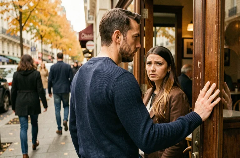 Un homme se retourne à l'entrée d'un café pour regarder une femme avec une expression hésitante et tendre, illustrant la phrase 'fais attention à toi'
