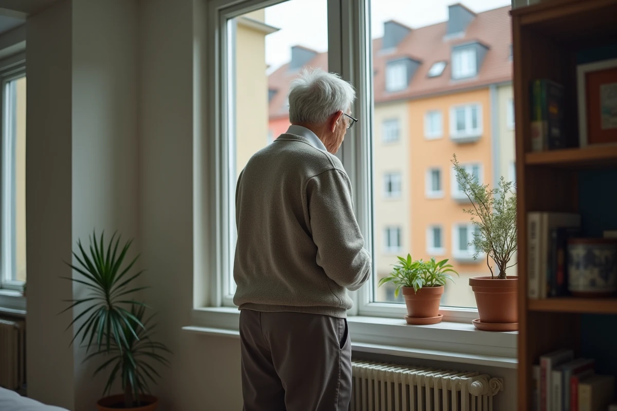 Homme âgé regardant la cour intérieure depuis la fenêtre