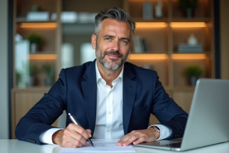 Homme d'affaires signant un contrat dans un bureau moderne