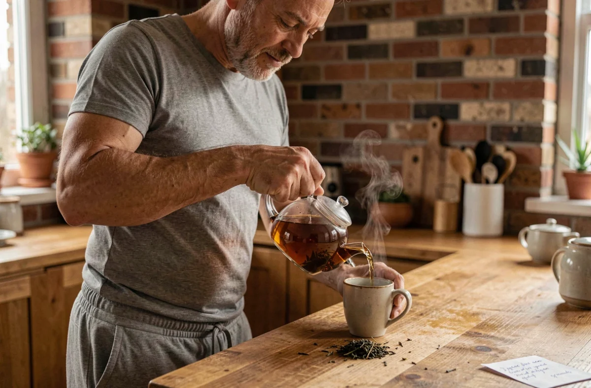 Homme versant du thé aux herbes dans une tasse en céramique lors d'un rituel de jeûne intermittent