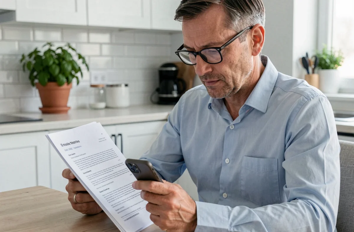 Homme vérifiant un contrat de location immobilière sur son smartphone et ses documents papier
