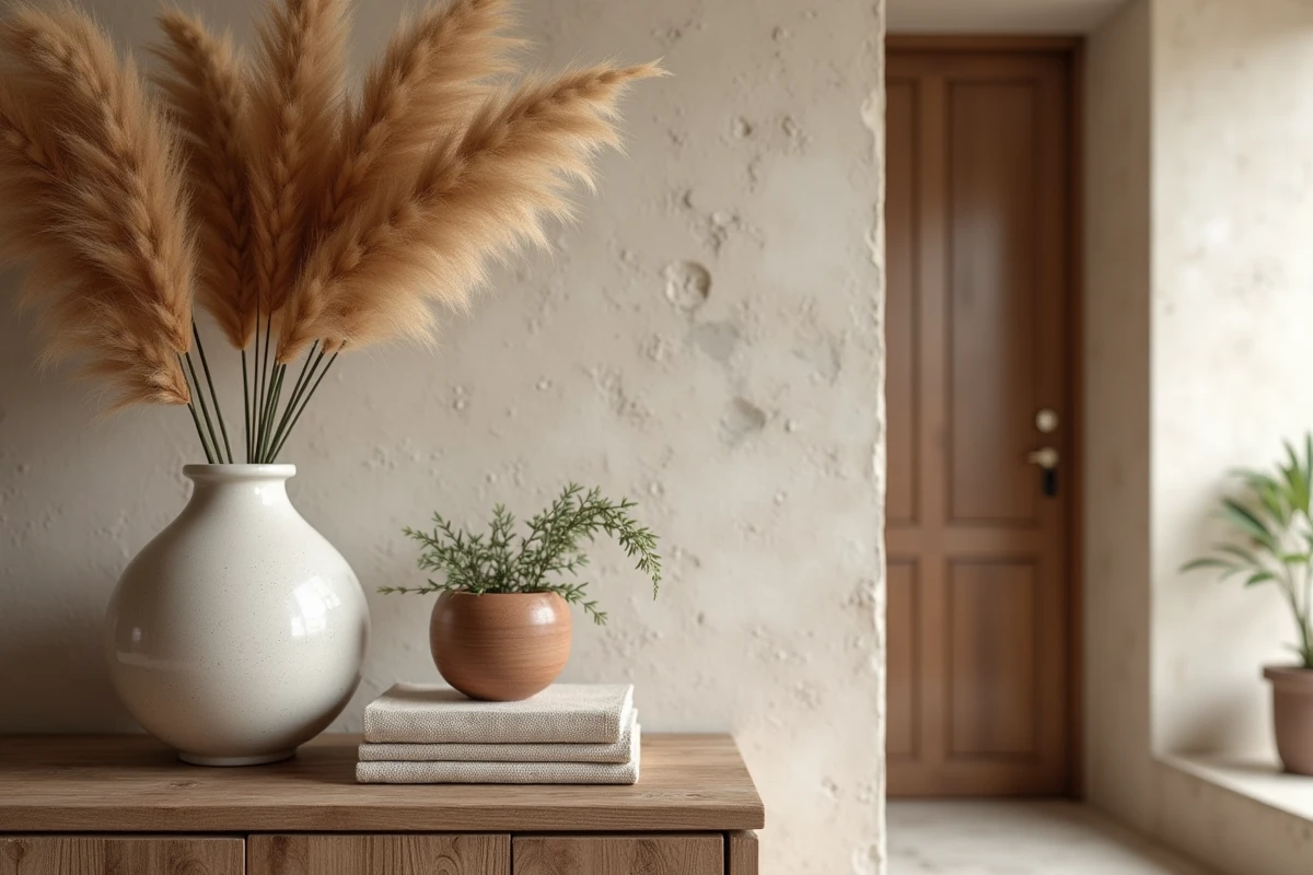 Coin déco intérieur avec buffet en bois, herbes de pampa séchées et objets tendance pour la maison