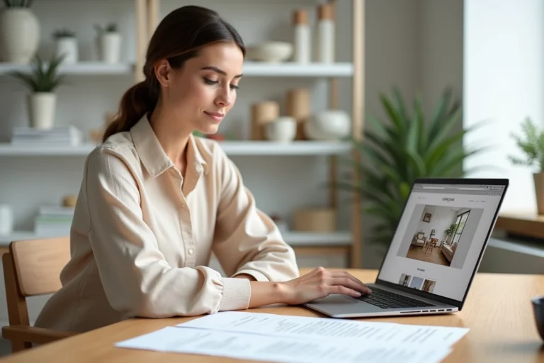 Femme consultant des documents légaux pour un site de décoration intérieure à son bureau