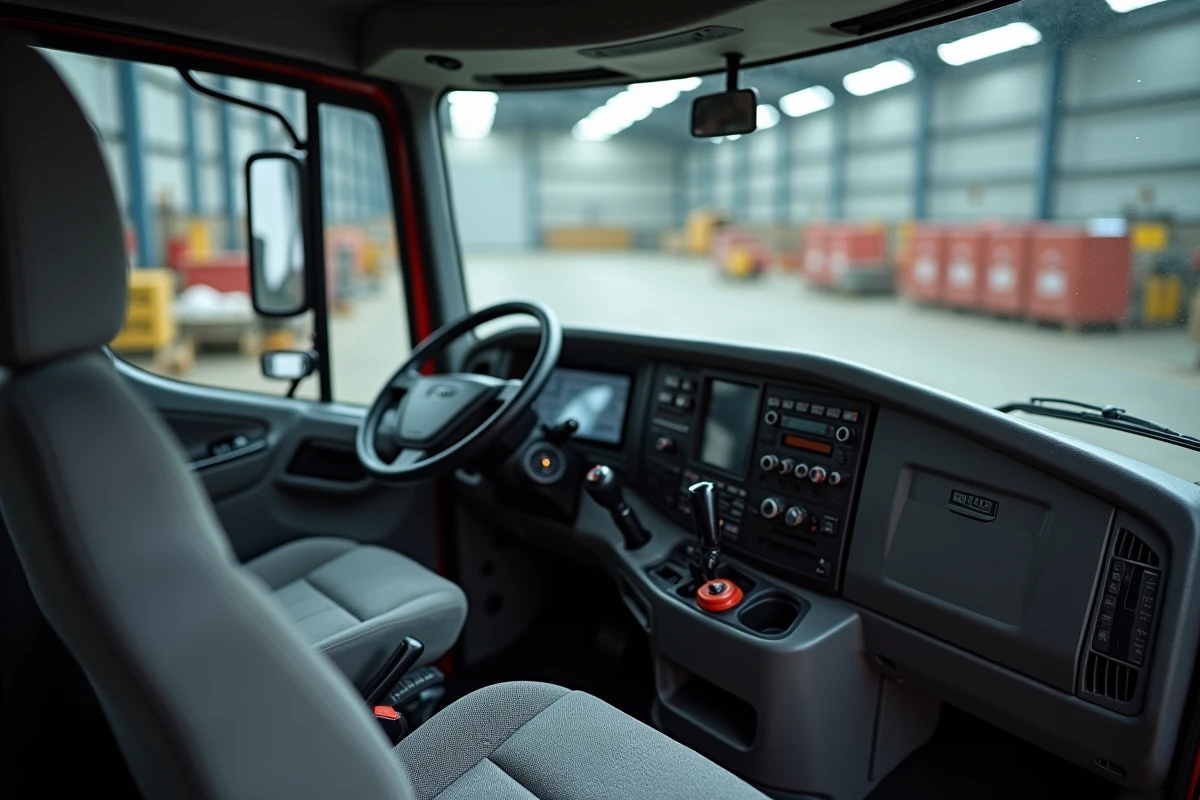 Intérieur de cabine d'un camion 3,5 tonnes avec tableau de bord, volant et sièges en tissu gris détaillés