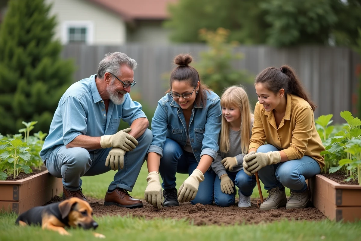 Trois générations jardinant ensemble dans un jardin suburbain