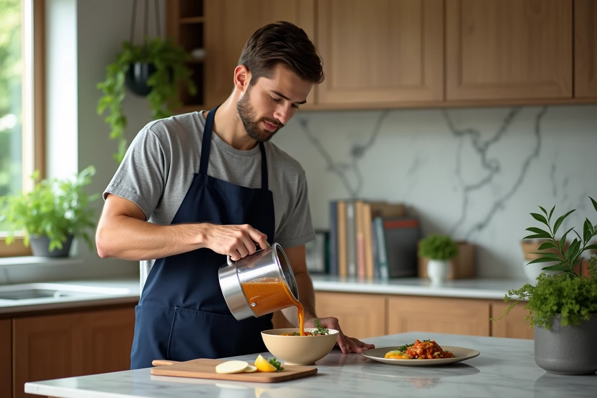 Jeune chef versant une soupe dans un bol à la maison
