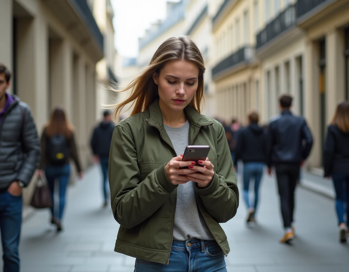 Jeune femme dans la rue à Paris vérifiant un appel manqué d'un numéro inconnu sur son téléphone portable