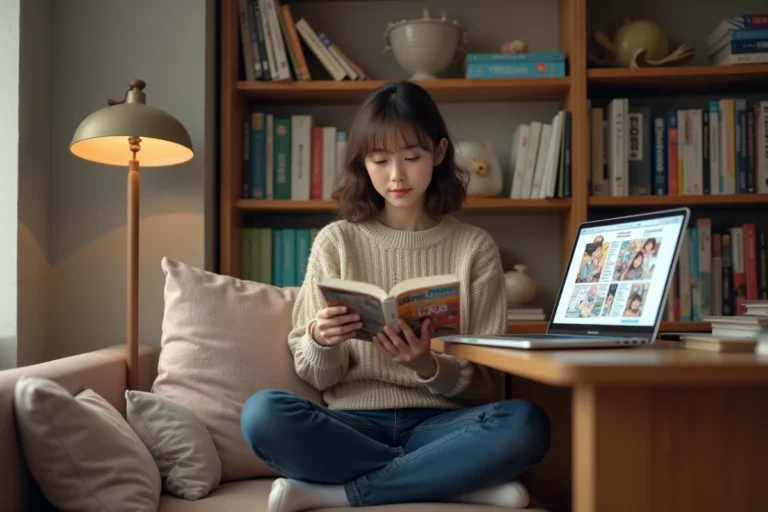 Jeune femme lisant manga sur ordinateur dans un intérieur chaleureux