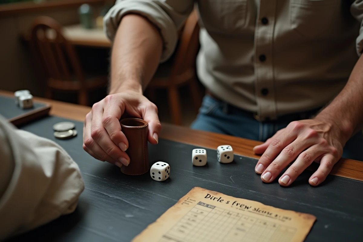 Mains d'un joueur soulevant un cornet à dés en cuir sur une table d'ardoise avec une feuille de score manuscrite, jeu du 421