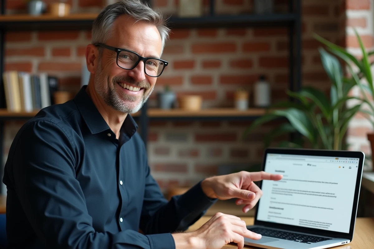 Homme vérifiant les mentions légales d'un site de décoration sur ordinateur portable