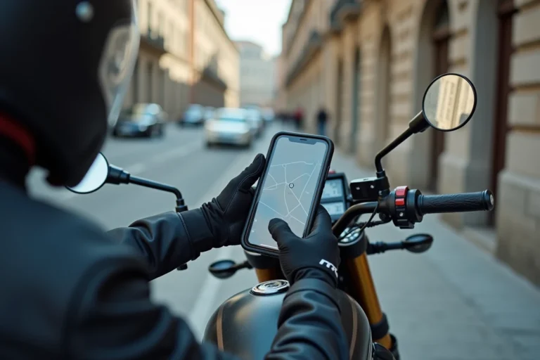 Motard consultant l'application Waze sur son smartphone monté sur le guidon avant de démarrer son trajet