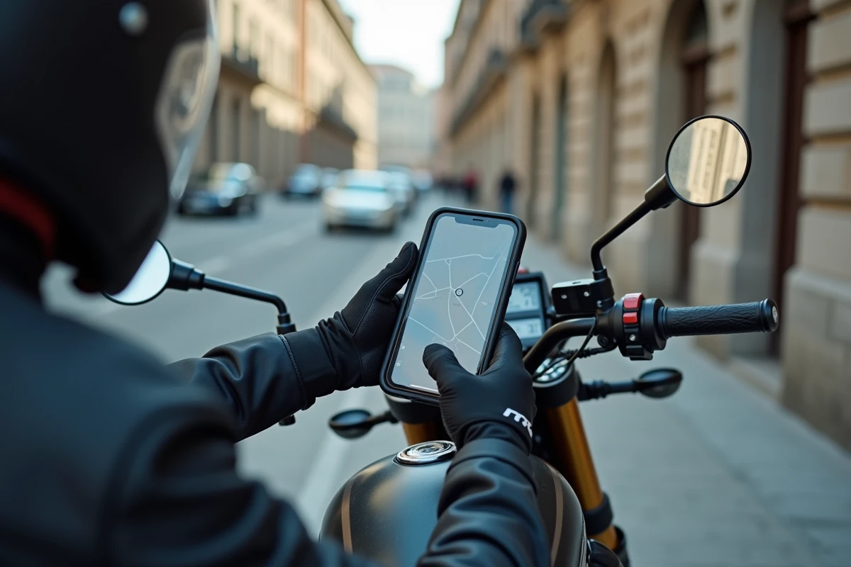 Motard consultant l'application Waze sur son smartphone monté sur le guidon avant de démarrer son trajet
