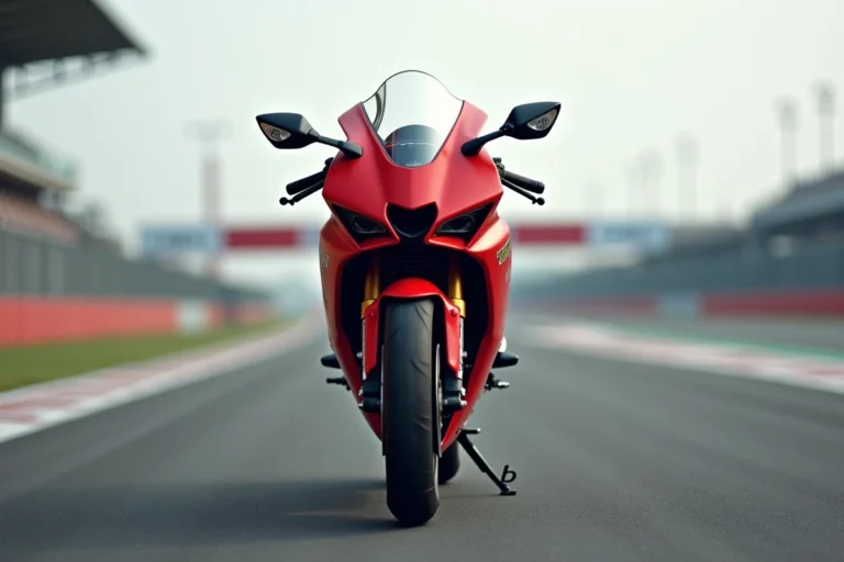Moto sportive 125cc rouge et noire sur circuit, vue trois quarts avant en grand angle, détail carénage aérodynamique