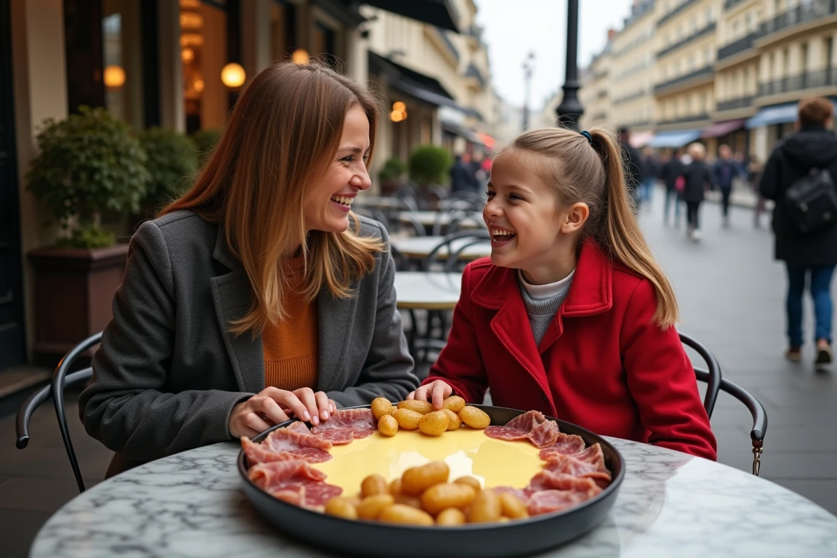 Mère et fille partageant une raclette en terrasse parisienne