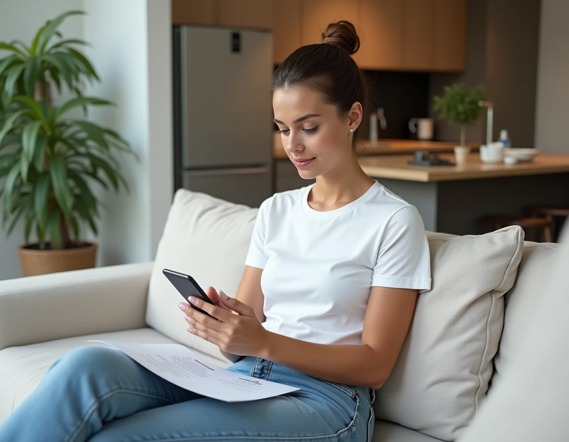 Jeune femme consultant une application gouvernementale sur smartphone pour obtenir un acte de naissance en ligne