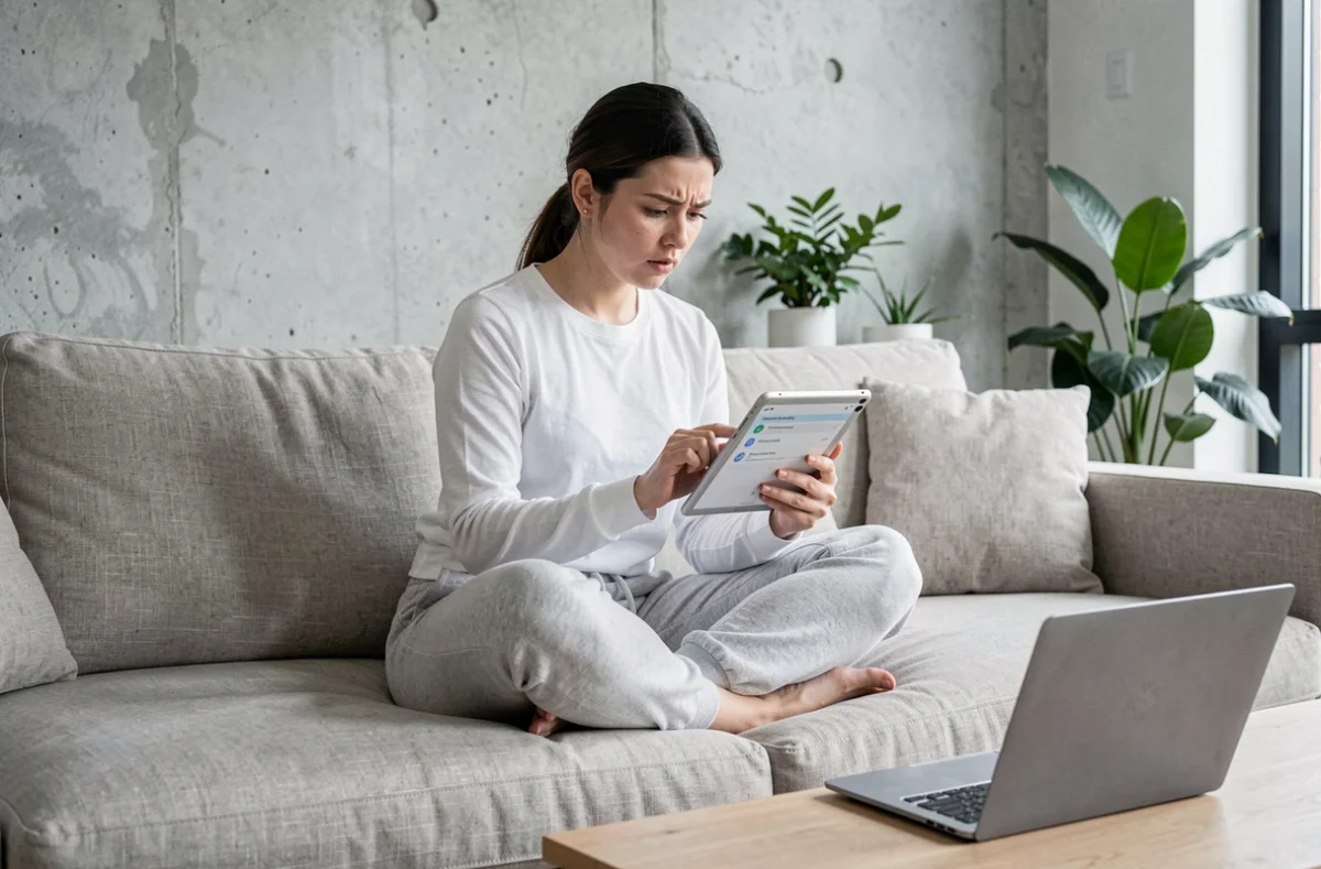 Jeune femme vérifiant les paramètres de confidentialité sur sa tablette pour protéger sa vie privée en ligne