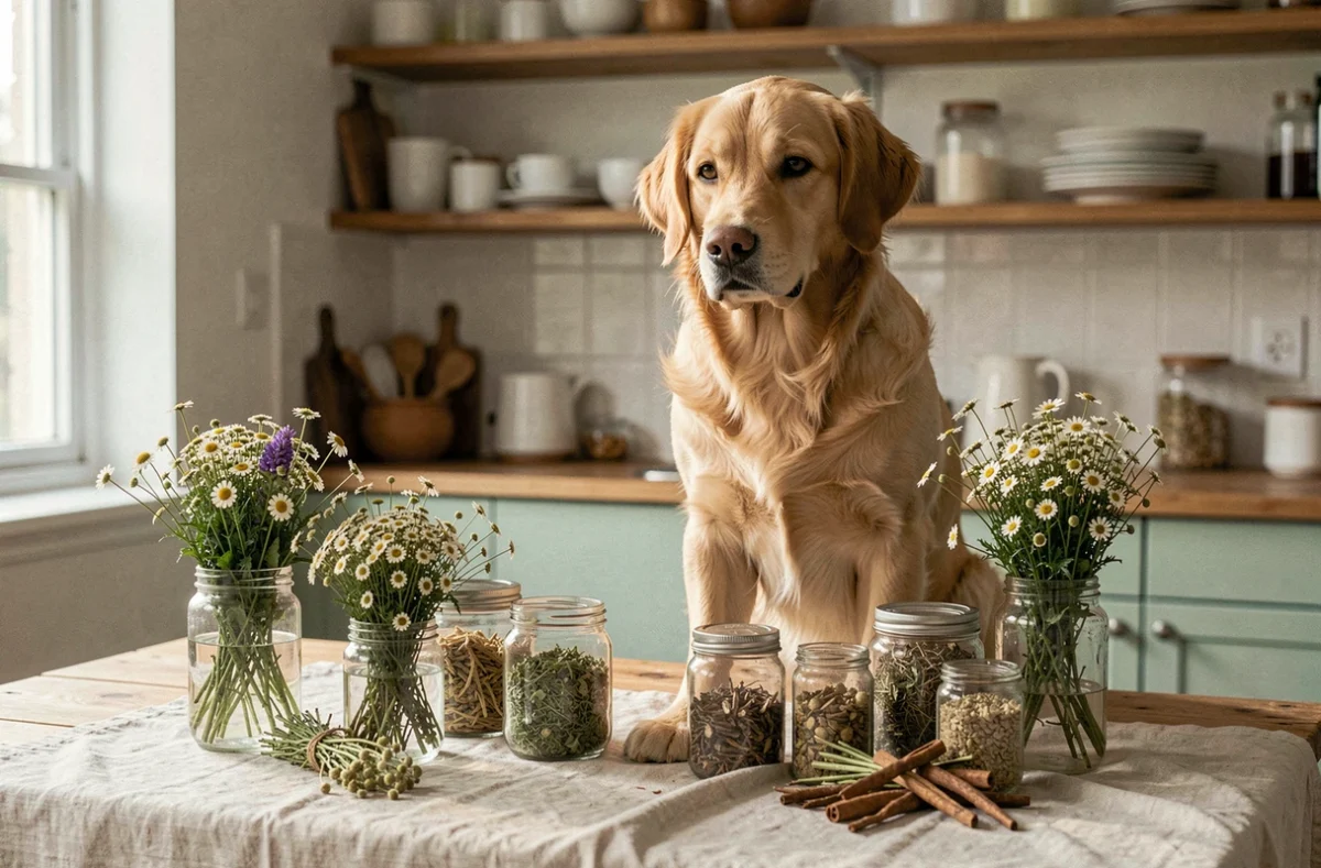 Chien golden retriever assis parmi des plantes médicinales et herbes naturelles sur une table en bois rustique, illustration de la phytothérapie canine