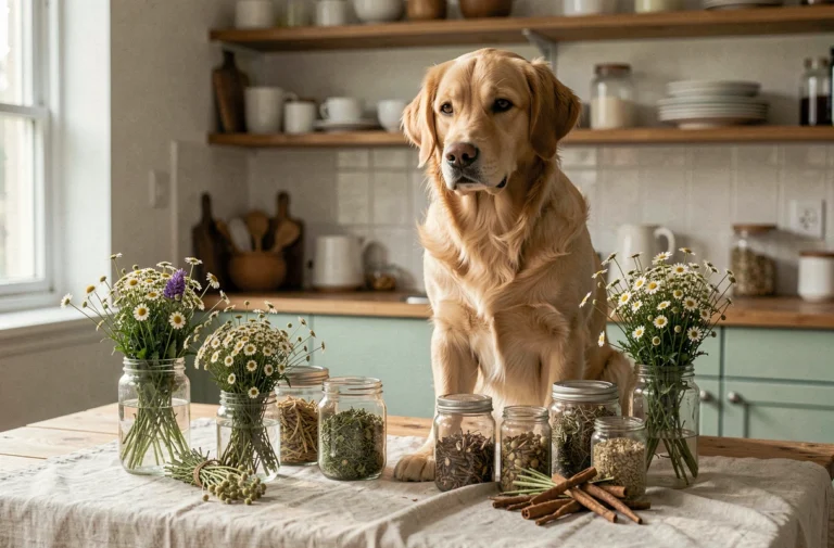 Chien golden retriever assis parmi des plantes médicinales et herbes naturelles sur une table en bois rustique, illustration de la phytothérapie canine