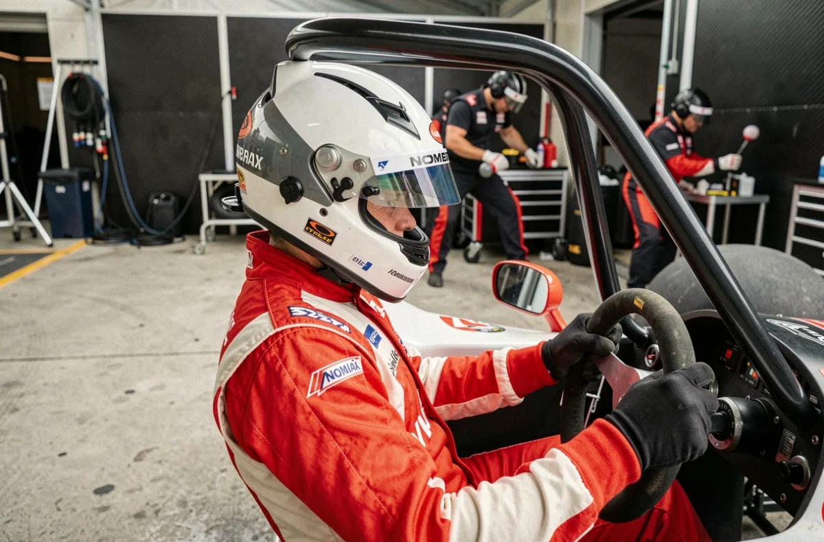 Pilote de course professionnel au volant d'une monoplace en pit lane, combinaison ignifuge rouge et blanche, casque fermé