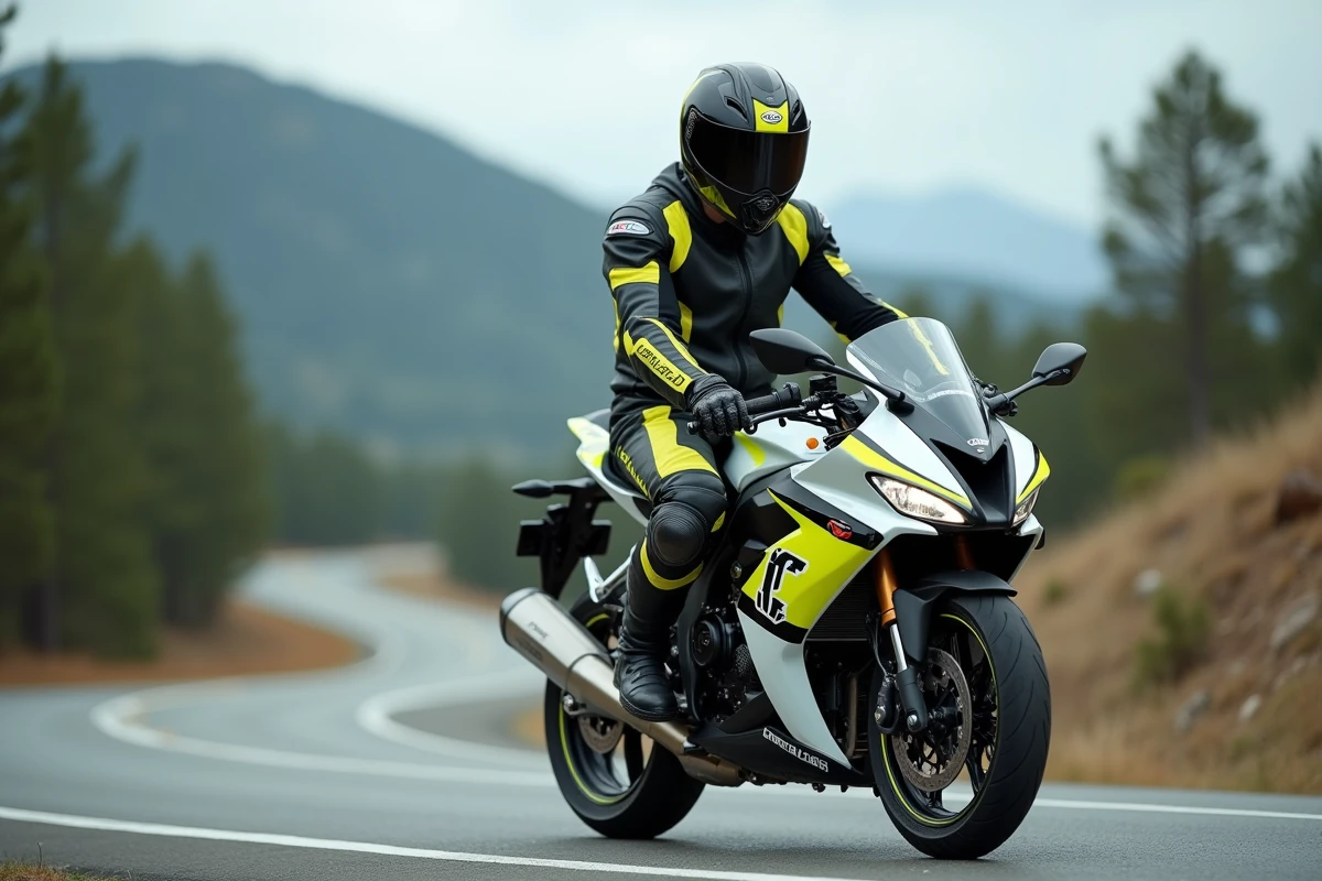 Pilote en combinaison de course sur moto 125cc sportive blanche en route de montagne, vue latérale réaliste