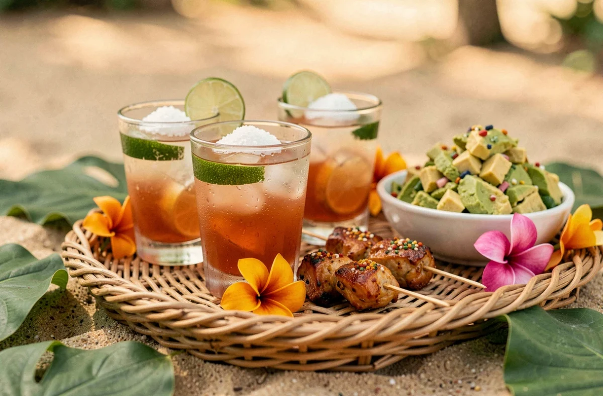 Plateau apéritif créole avec ti-punch, brochettes marinées et chikétaille d'avocat sur plateau en rotin au bord de mer
