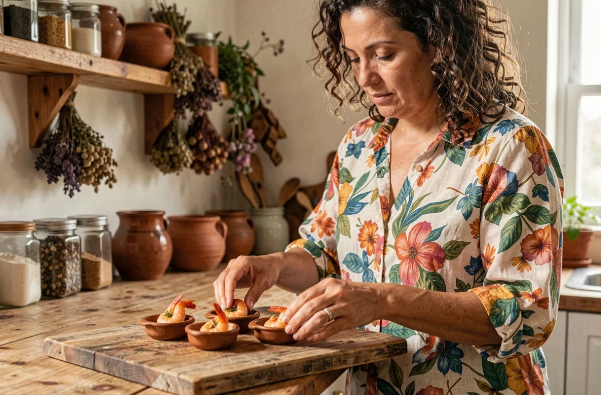 Femme préparant des verrines créoles avec boudin antillais et colombo de crevettes dans une cuisine chaleureuse