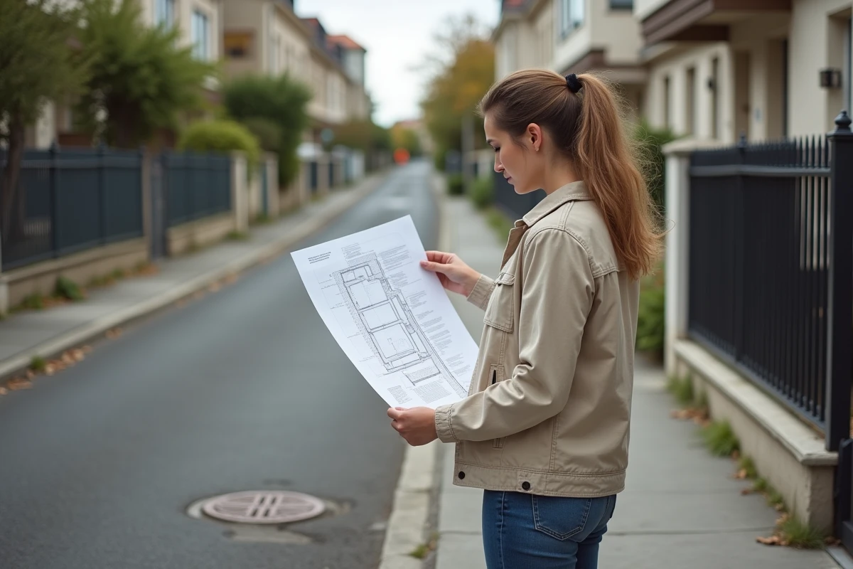 Femme consultant un plan de raccordement au tout-à-l'égout devant une maison en zone pavillonnaire