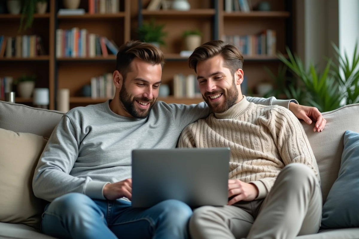 Deux hommes détendus dans un appartement moderne, partageant un moment intime devant un ordinateur portable