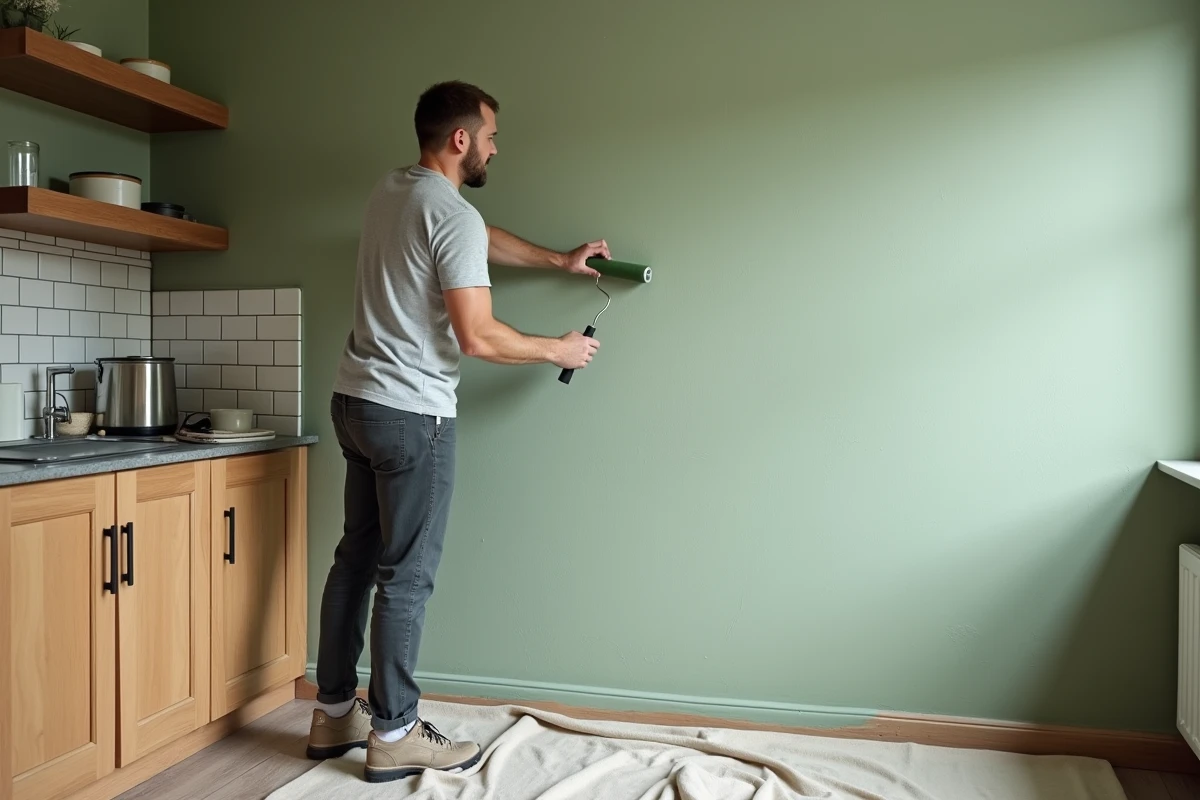 Homme peignant un mur de cuisine en vert sauge lors d'une rénovation intérieure maison