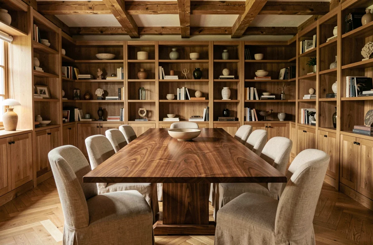 Salle à manger élégante avec grande table en noyer massif et chaises en lin dans un intérieur raffiné