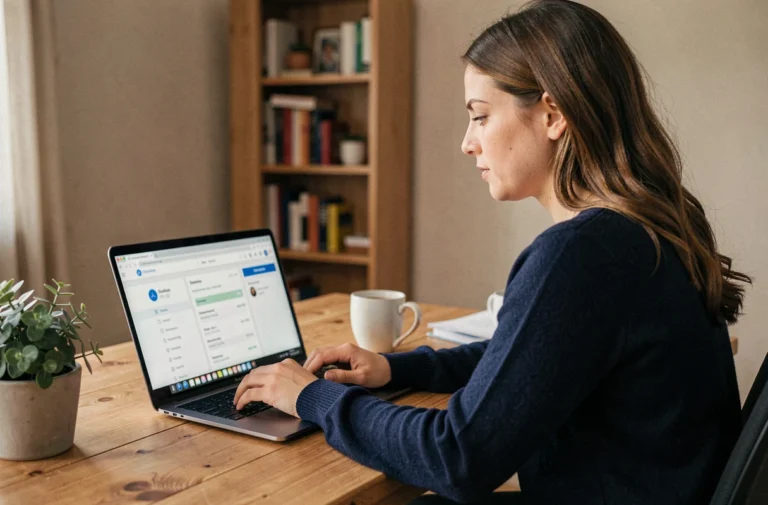 Femme utilisant un gestionnaire de mots de passe sur son ordinateur portable pour sécuriser ses données personnelles en ligne