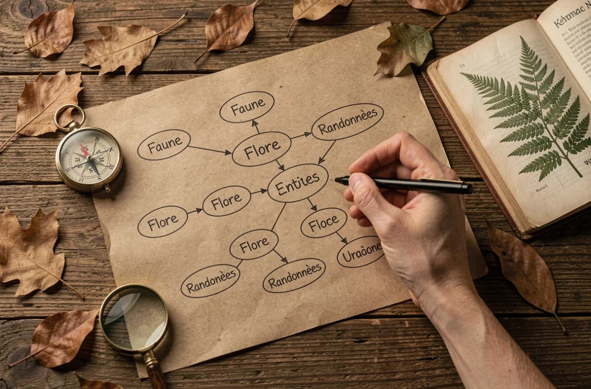 Vue aérienne d'un sitemap dessiné à la main sur papier kraft entouré d'éléments naturels pour planifier un site web nature