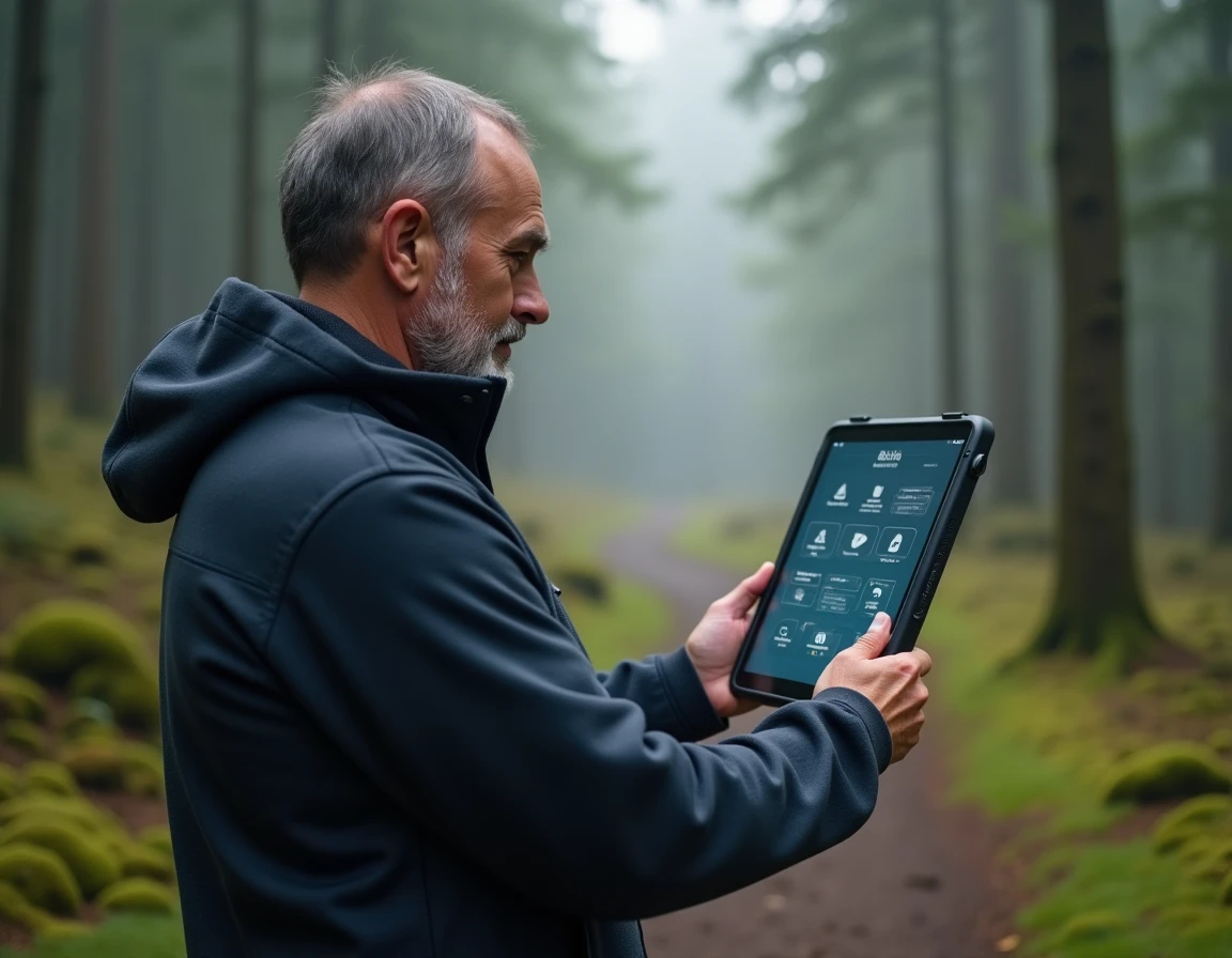 Homme consultant un sitemap structuré sur une tablette en forêt pour organiser un site web dédié à la nature
