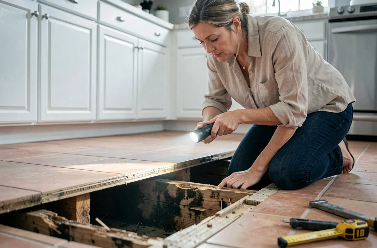 Femme découvrant des solives de plancher pourries et humides sous un revêtement de sol soulevé