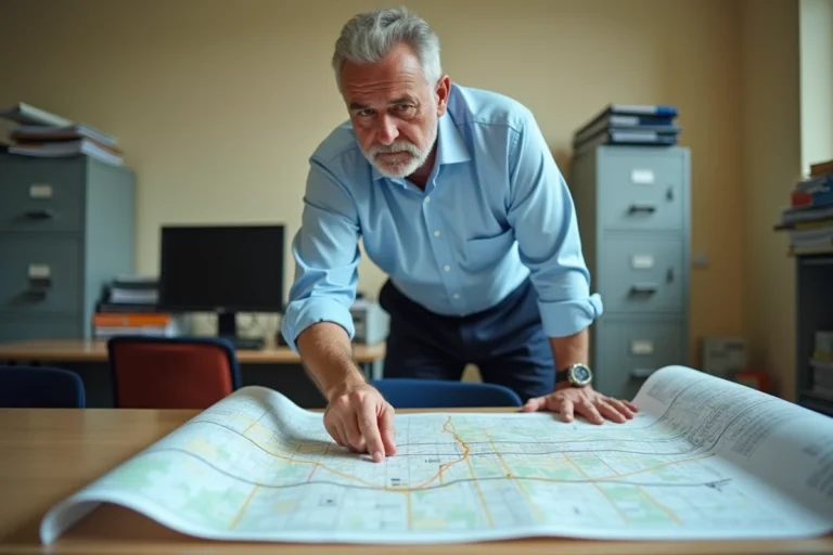 Technicien municipal consultant un plan de réseau d'égouts étalé sur un bureau de mairie