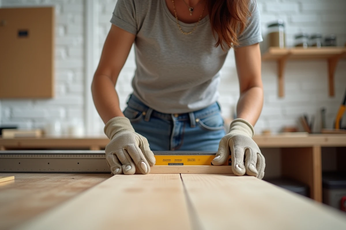Femme utilisant une boîte à onglets et une scie à main pour réaliser une coupe en biais sur une moulure en bois dans un atelier de bricolage maison
