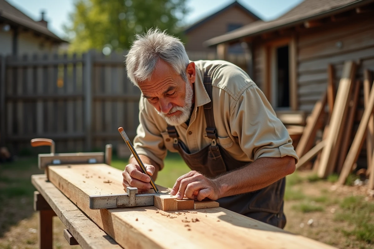 Artisan senior traçant un angle de coupe en biais sur une planche en chêne avec un trusquin à angle réglable sur un établi extérieur