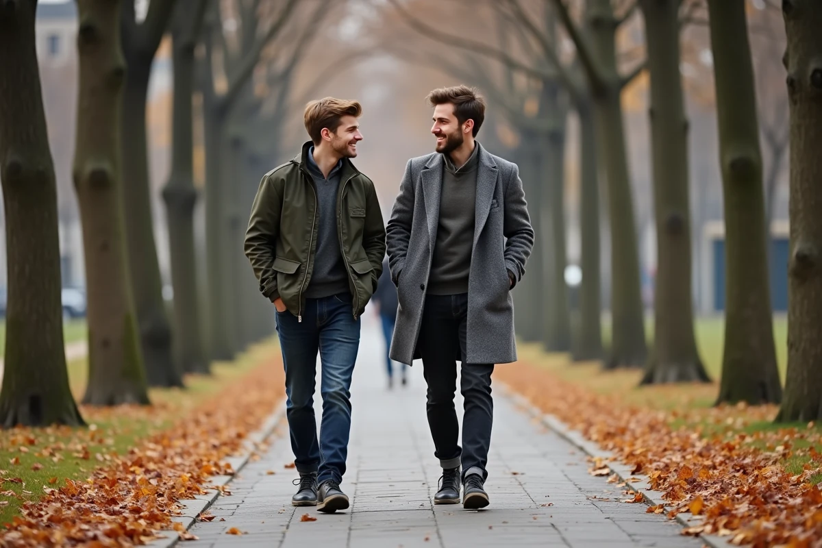 Deux hommes se promenant dans un parc urbain en automne, vêtus de tenues décontractées et souriants