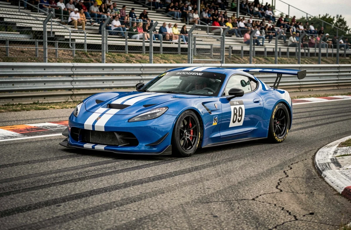 Voiture GT bleue en pleine action dans un virage sur circuit automobile, traces de pneus et barrières de sécurité visibles