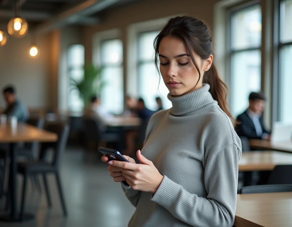 Jeune femme utilisant un VPN sur smartphone pour sécuriser ses données dans un espace de coworking